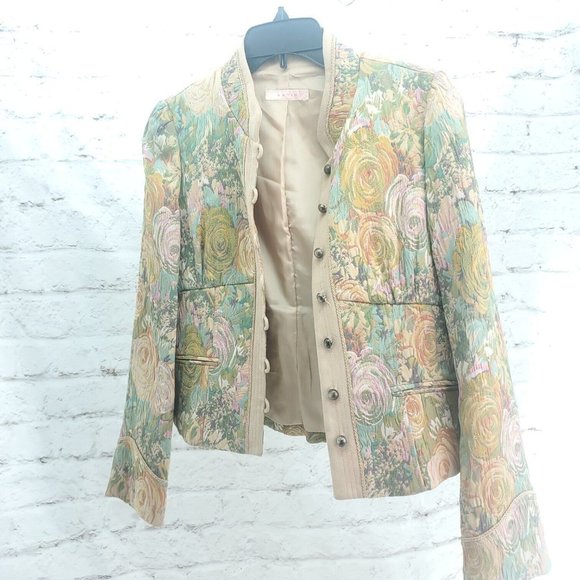 Satin Womens Multicolor Floral Collared Long Sleeve Button Front Jacket … - Picture 1 of 11